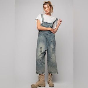 Easel Anthropology Sanforized Washed Denim Overalls in Vintage Denim
